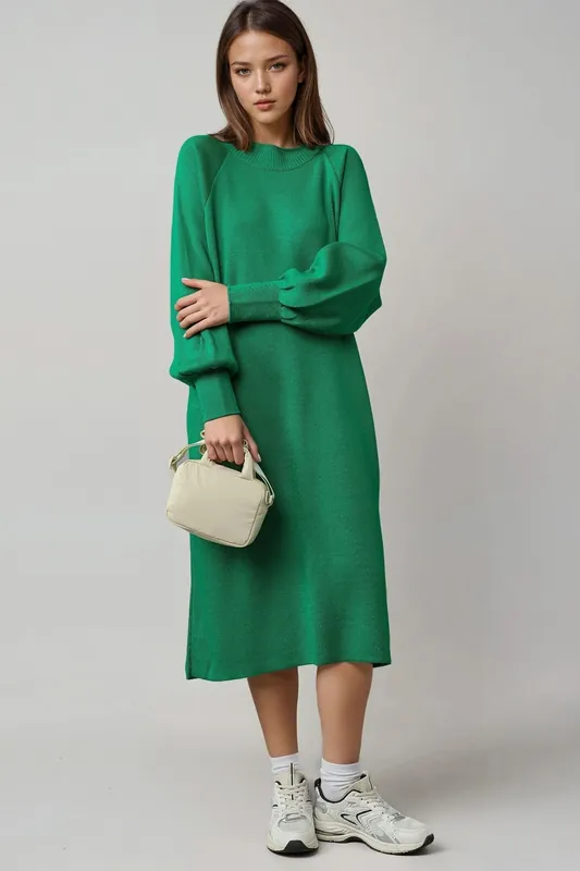 Long Loose Fit Ribbed Knit Dress with Crew Neck - MyFashion
