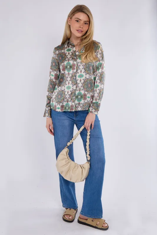 Cream Mandala Print Satin Shirt - Love Sunshine