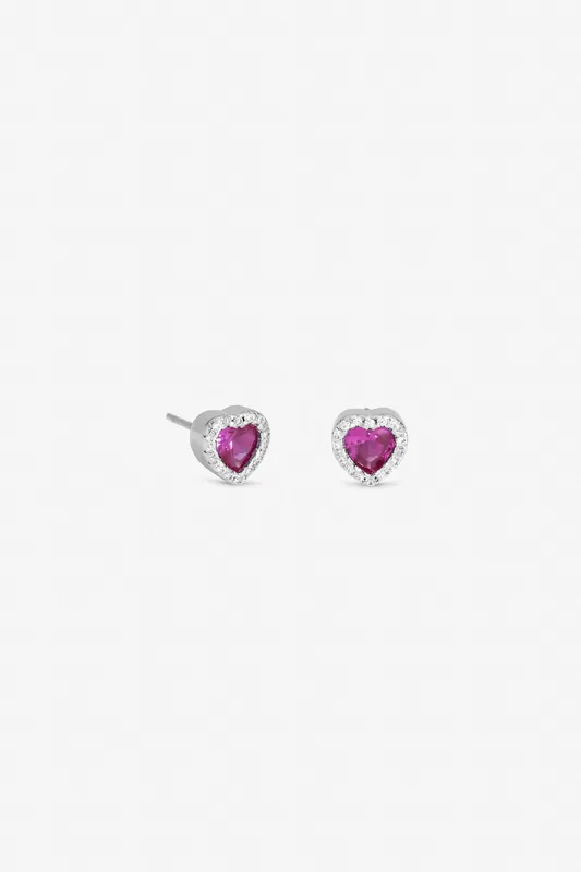 Rhodium Plated and Pink Heart Stud Earrings - Jon Richard