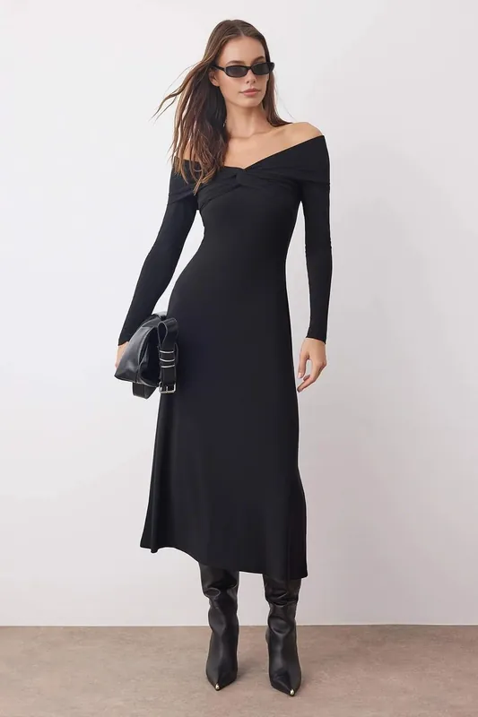 Off the Shoulder Long Sleeve A-Line Stretch Knit Midi Dress