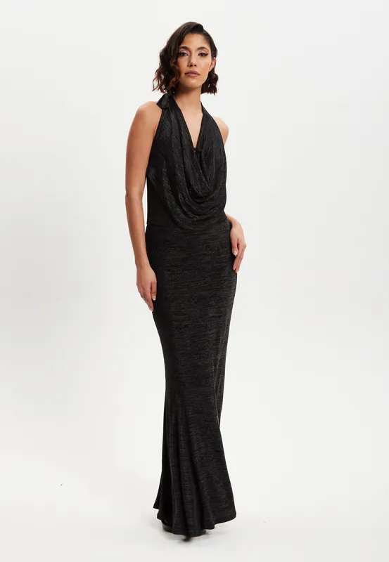 Black Full Maxi Lurex Jersey Dress - Liquorish