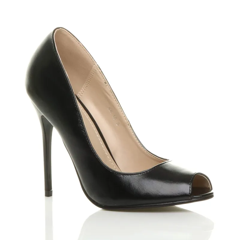High Stiletto Heel Peep Toe Faux Leather Court Shoes - AJVANI