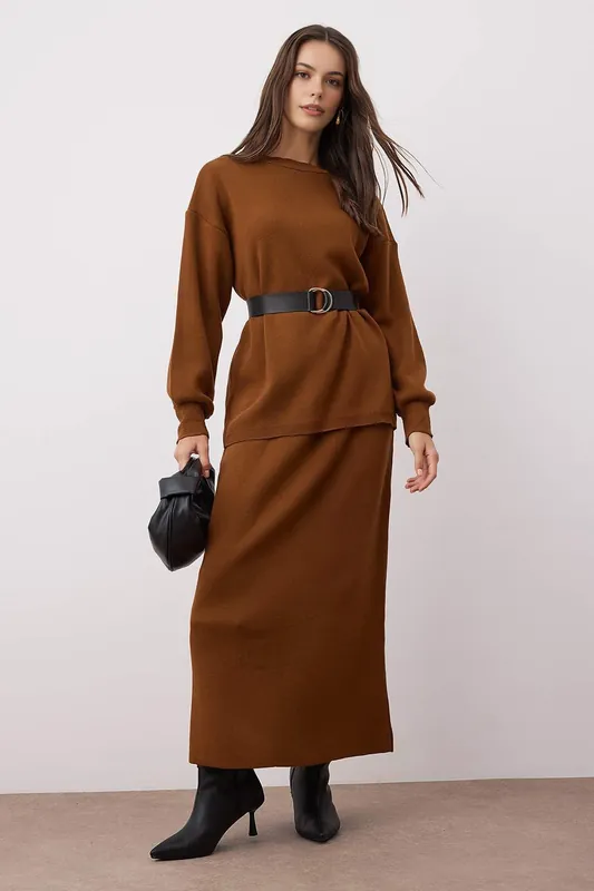 2-Piece Knit Longline Top and Midi Skirt Set