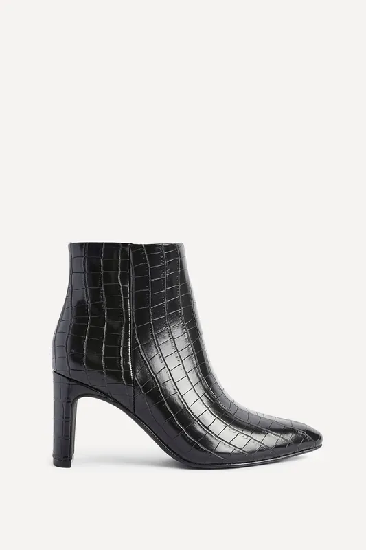 Alisha Black Faux Croc Leather Heeled Ankle Boot - Linzi