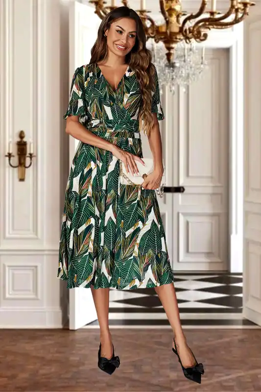 Leaf Print Mesh Midi Dress In Green - FS Collection