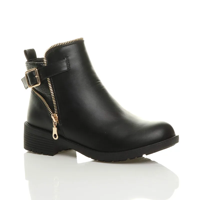 Low Heel Gold Zip Ankle Boots - AJVANI