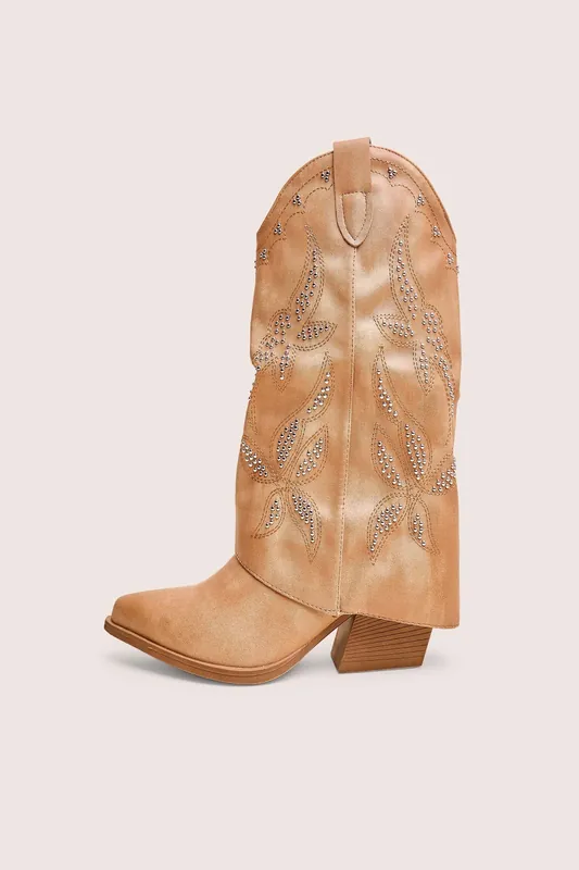 Dixie Tan Fold Over Studded Western Ankle Boots - Public Desire