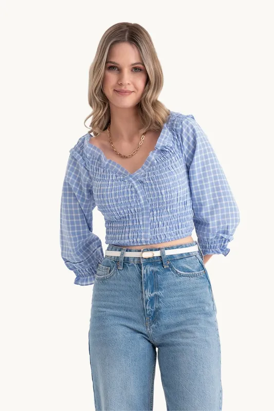 Checked V Neck Smocked Long Sleeve Top - Hiccup