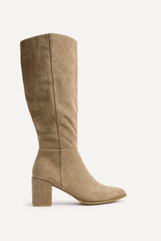 Swerve Beige Suede Block Heeled Long Boot - Linzi