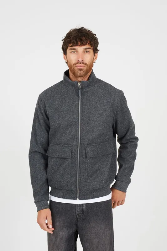 Faux Wool Funnel Neck Bomber Style Jacket - Brave Soul
