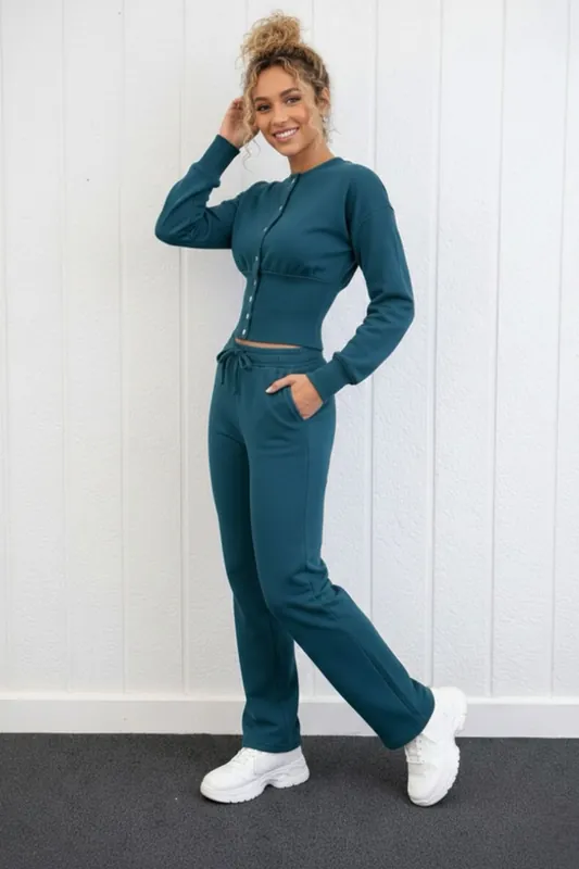 Button-Up Sweatshirt and Wide Leg Trouser - Two-Piece Tracksuit
