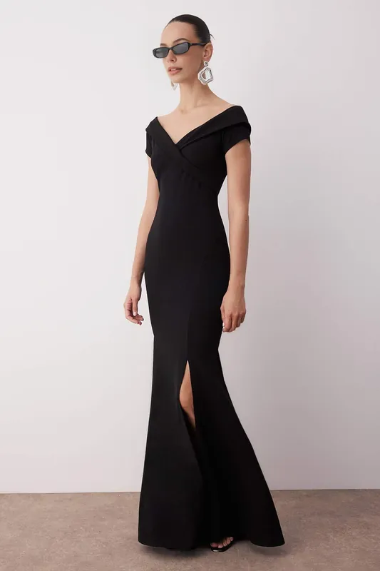Off Shoulder Fishtail Maxi Evening Dress - WOVCOR