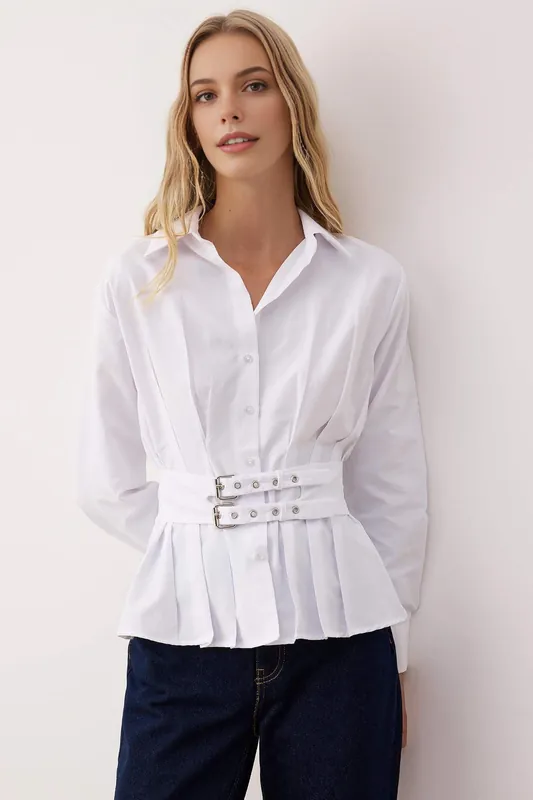 Pleated Fitted Shirt with Belt Detail - WOVCOR