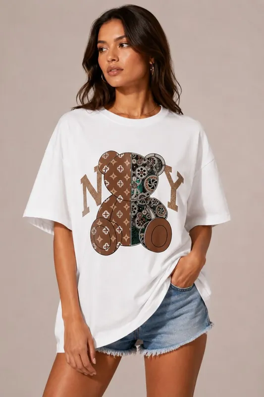 Mixed Monogram Graphic Teddy Bear - Oversized - T-Shirt
