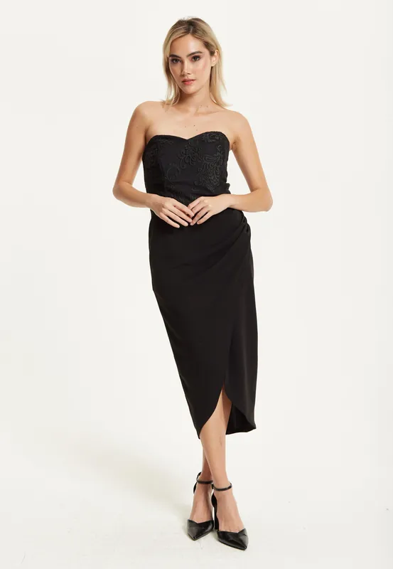 Strapless Black Midi Dress - Liquorish
