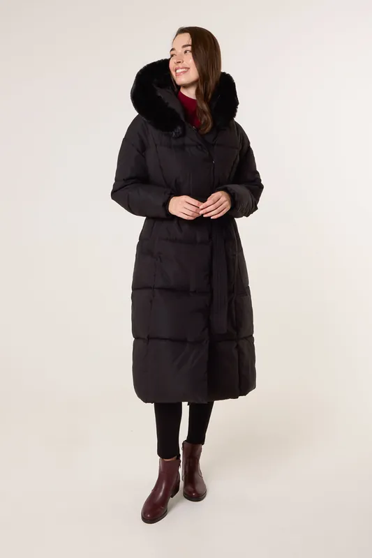 Black Long Puffer Faux Fur Hooded Coat - Blue Vanilla