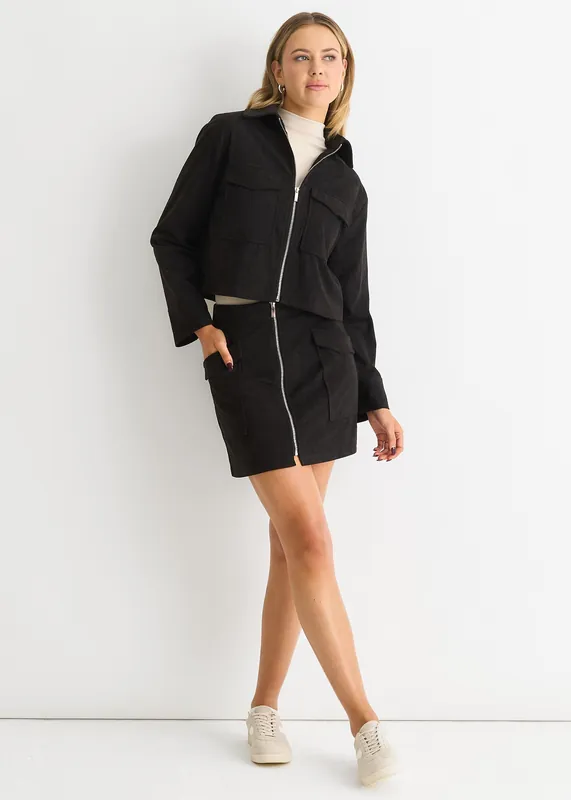 Black Cord Zip Up Boxy Jacket - Gini London