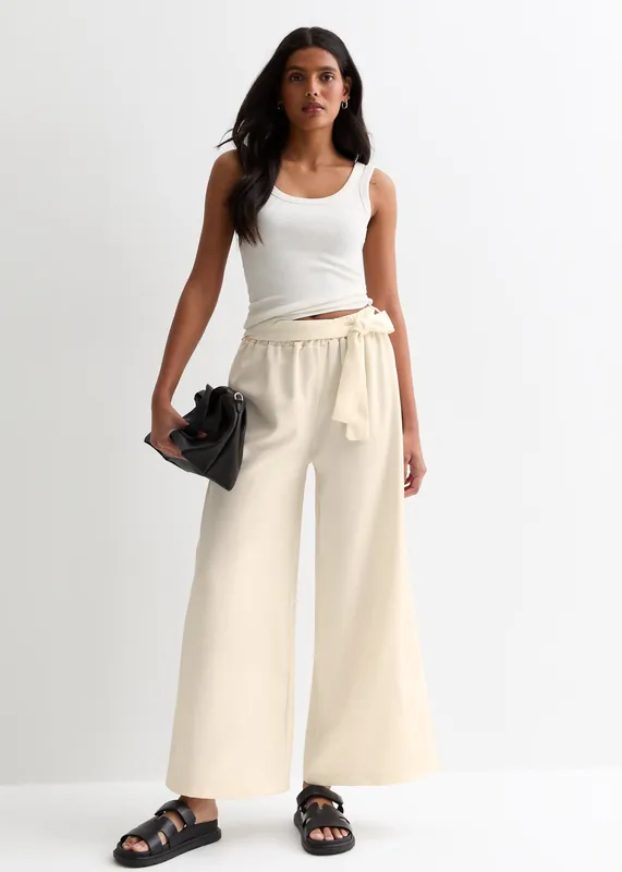 White Elasticated Wide leg Tie detail Trousers - Gini London