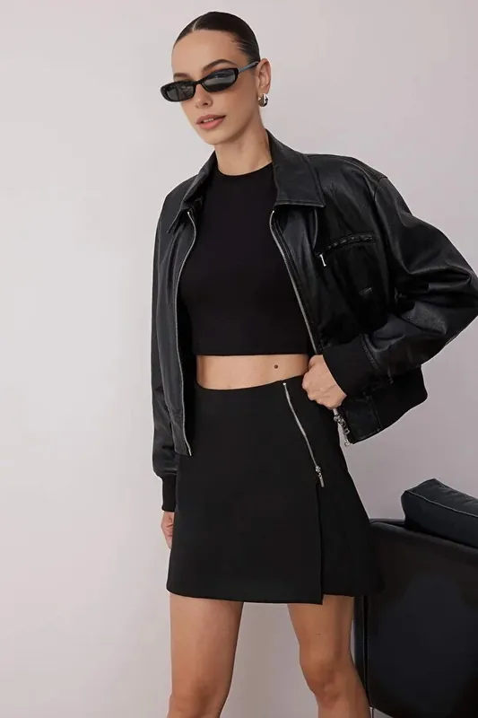 Woven Mini Skort with Asymmetric Overlay and Zip Detail - WOVCOR
