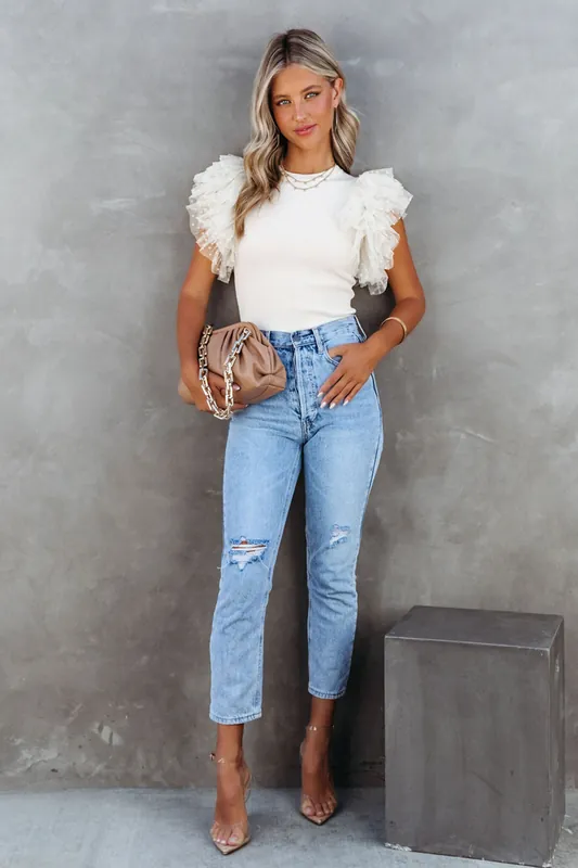 Beige Dotty Mesh Ruffle Sleeve Ribbed Knit Top - Everyday The Label