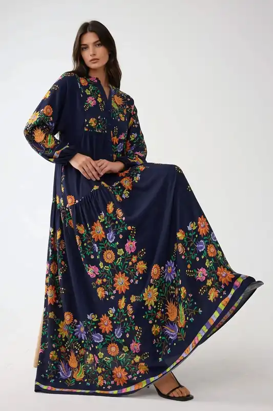 Printed V-Neck Maxi Dress with Button Detail