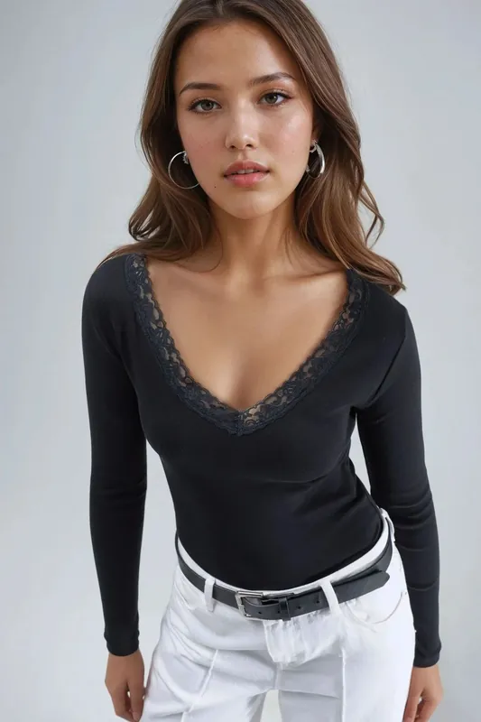 Slim Fit V-Neck Blouse with Lace Detail