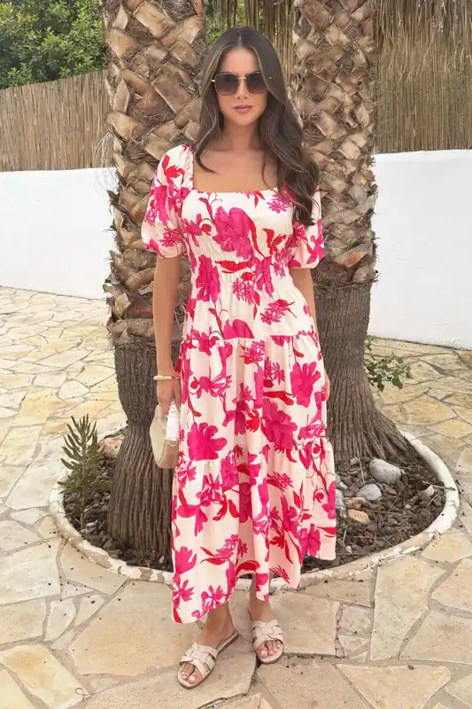 Pink And Cream Floral Print Puff Sleeve Smock Midi Dress - AX Paris