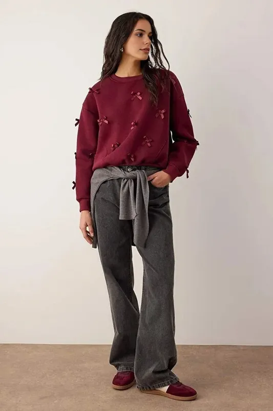 Fleece Lined Knit Sweatshirt with Ribbon Detail - WOVCOR