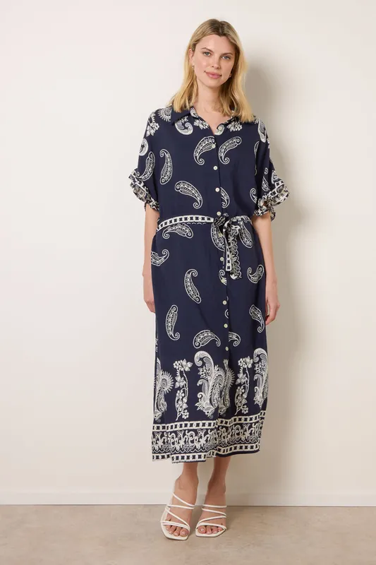 Navy Paisley Print Belted Shirt Dress - Blue Vanilla
