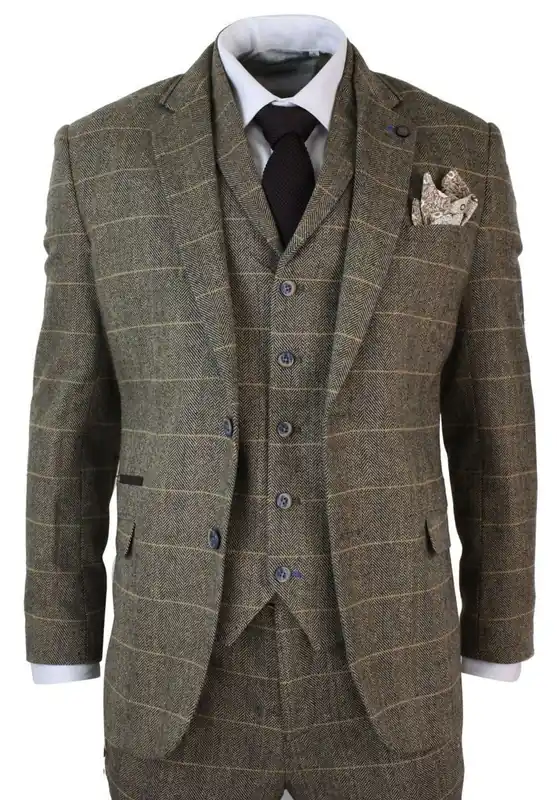3 Piece Check Tweed Herringbone Vintage Classic Suit - Infinity Leather