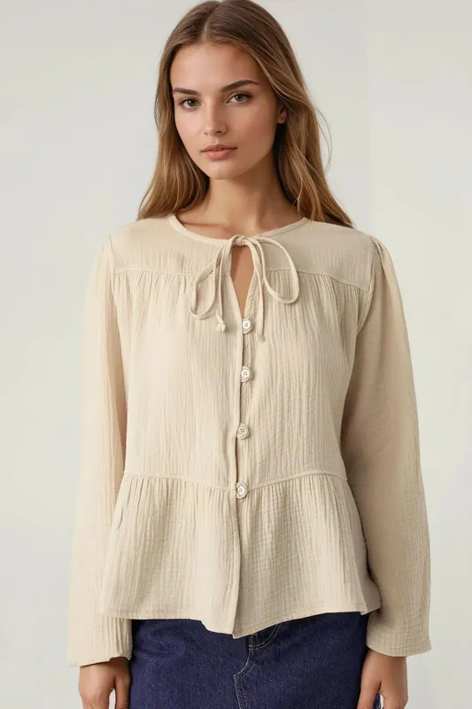 Crew Neck Long Sleeve Woven Muslin Blouse - Hiccup