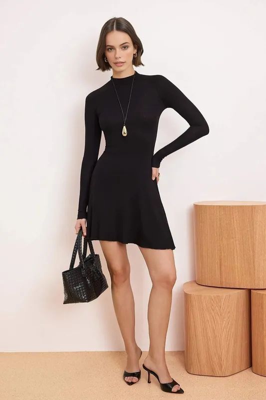 Long Sleeve Fit and Flare Mini Knit Dress with Clean Silhouette - WOVCOR