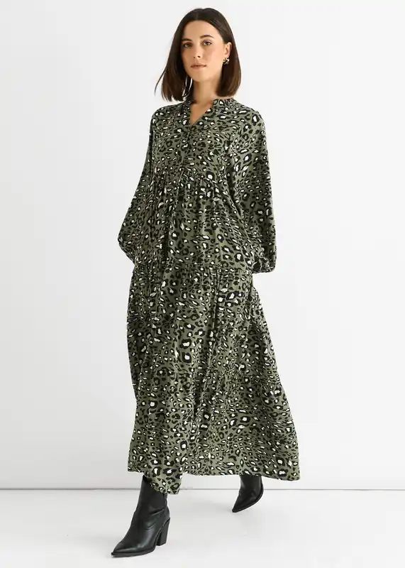 Khaki Viscose Animal Oversized Smock Maxi Dress - Gini London