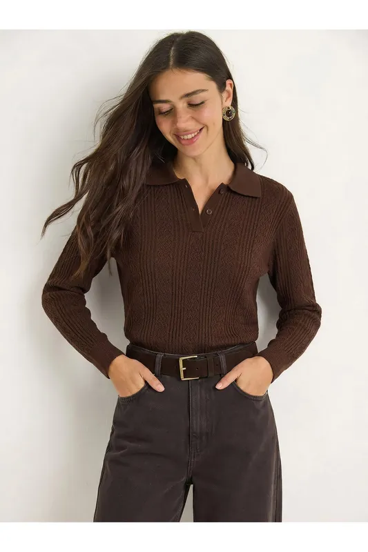 Textured Polo Collar Sweater - Bianco Lucci