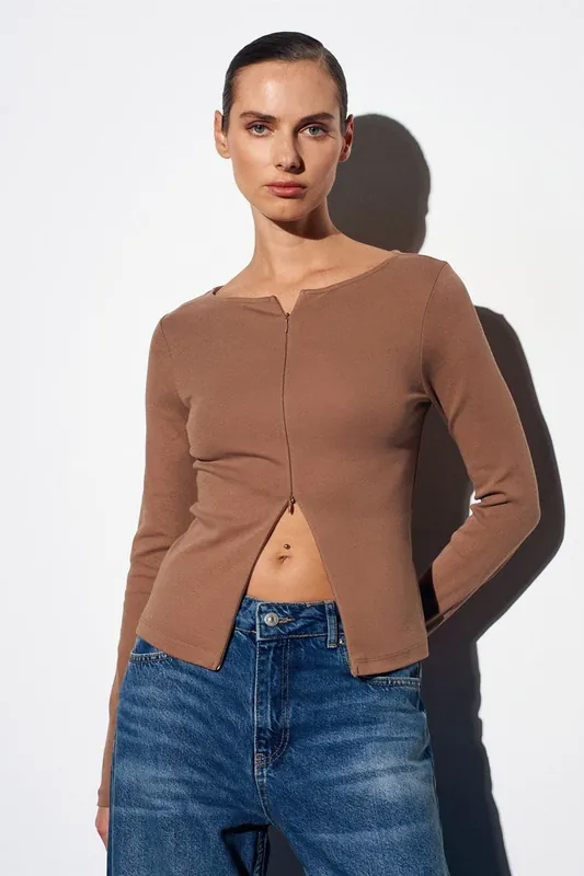 Slim Fit Cotton Blend Zipper Blouse - Dilvin