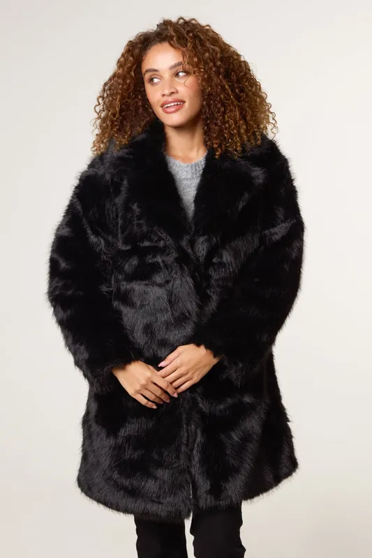 Black Faux Fur Long Coat - Blue Vanilla