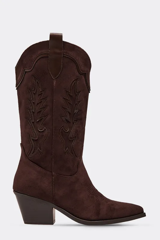 Western Cowboy Embroidered Faux Suede Block Heel Boots - EGO