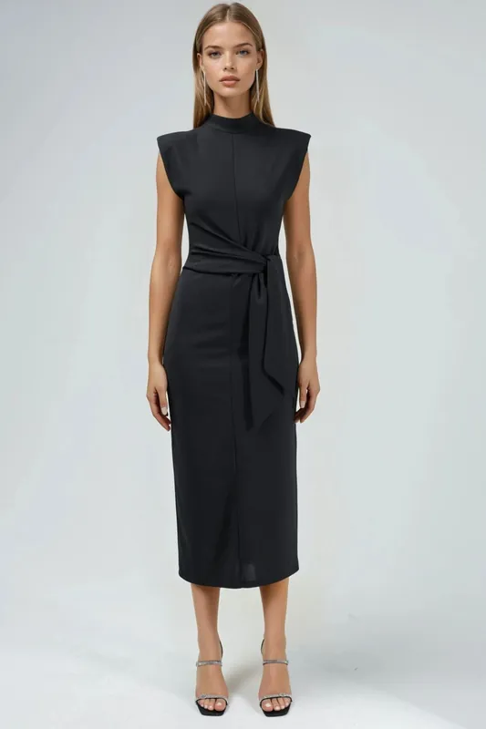 Tie Detailed Stand Collar Midi Dress - Busem