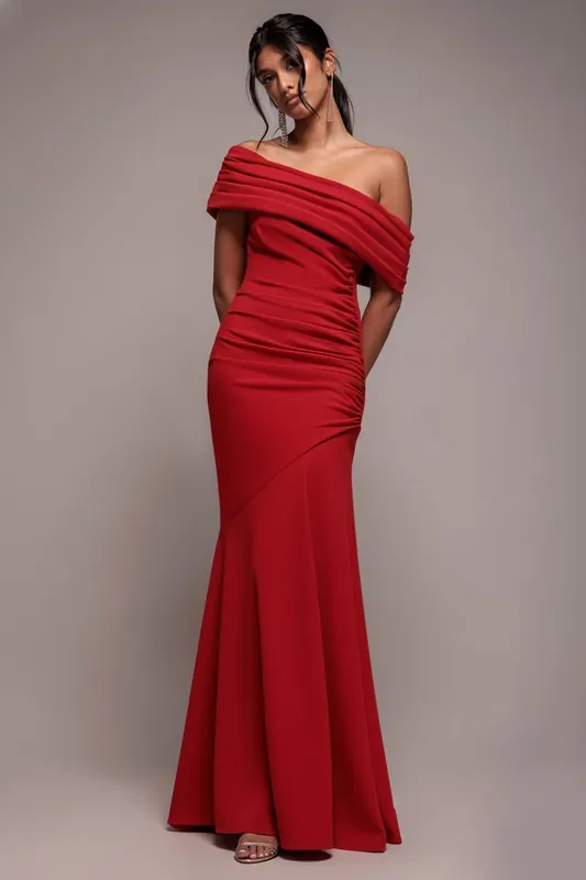 Pleated One Shoulder Bardot Fit And Flare Maxi Dress - Goddiva