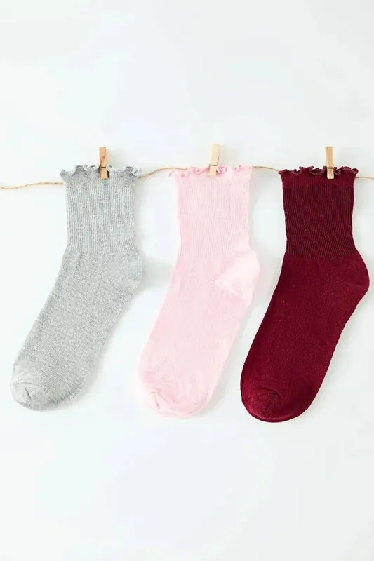 Three Pack Cotton Ribbed Knit Socks with Lettuce Edge Detail - WOVCOR