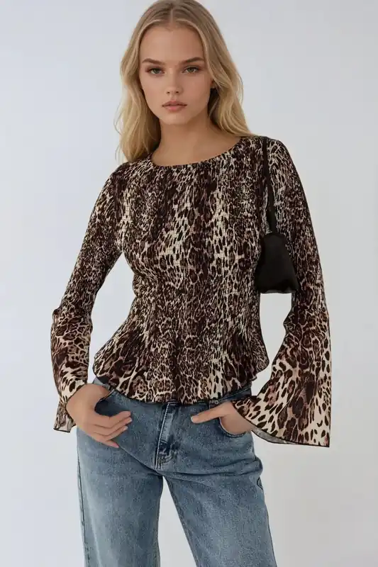 Animal Print Boat Neck Top with Shirred Detail - Hiccup