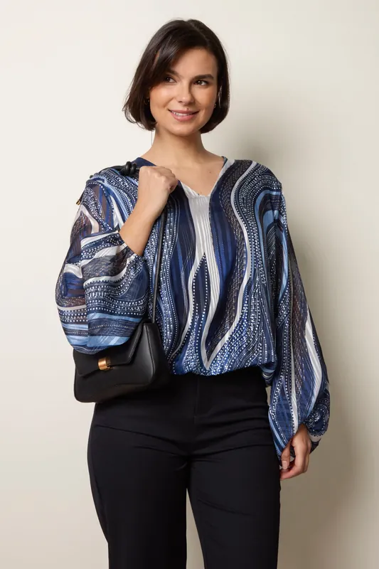 Navy Swirl And Dot Print V Neck Metallic Blouse - Blue Vanilla