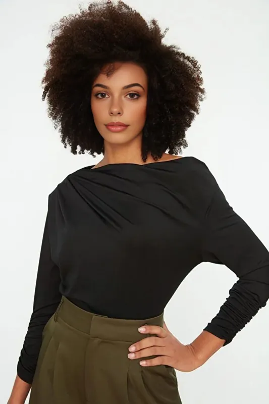 Asymmetrical Drape Knit Top With One-Shoulder Collar