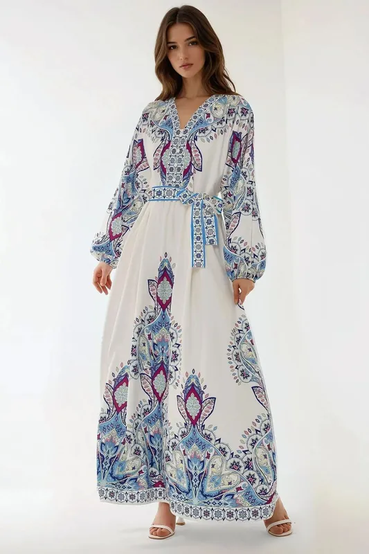 Printed V-Neck Maxi Dress with Belt