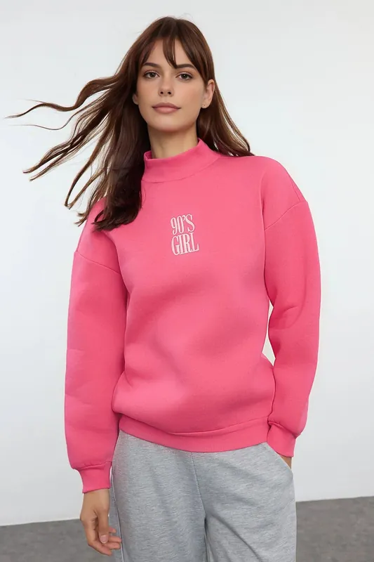 Slogan Embroidered Funnel Neck Fleece Sweatshirt - WOVCOR