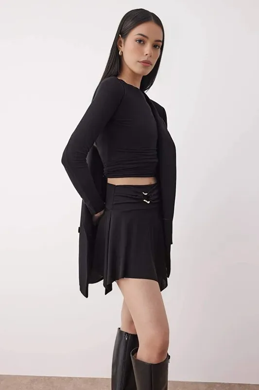 Asymmetric Hem Hardware Detail Mini Skirt - WOVCOR