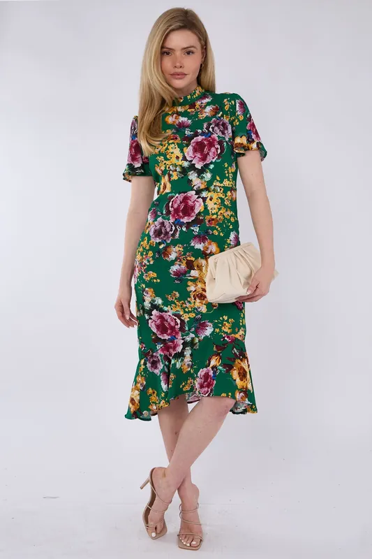 Green Floral Print Flutter Sleeve Midi Tea Dress - Love Sunshine