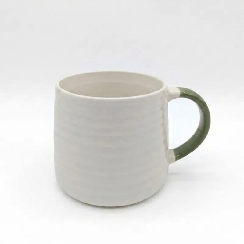 Ceramic Coffee Tea Mug 13oz Ribbing Textured Green Painted Handle x4 - Glim & Glam