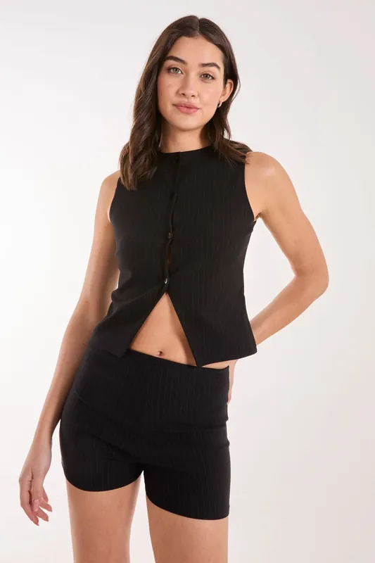 Pinstripe Button Front Longline Waistcoat - Pink Vanilla