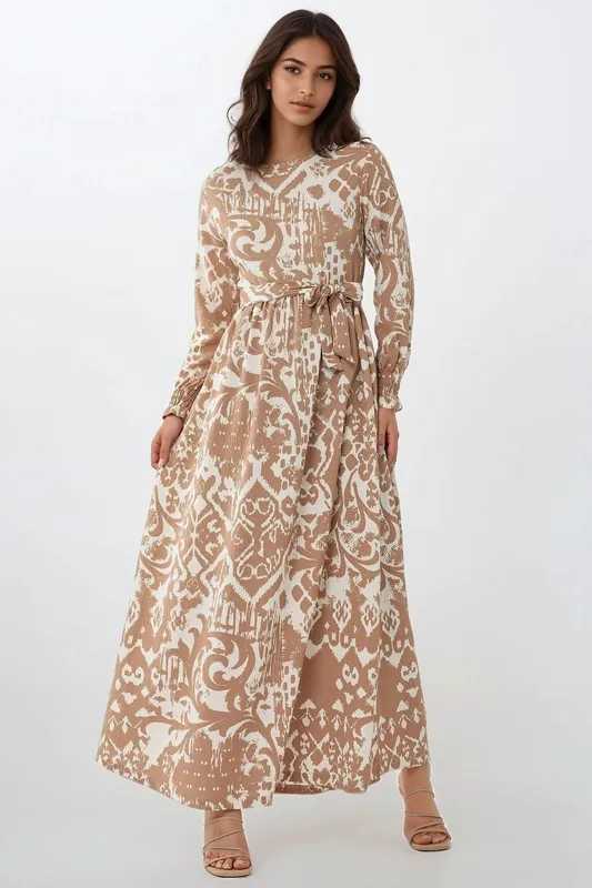 Printed Crew Neck Maxi Dress with Belt - Hiccup